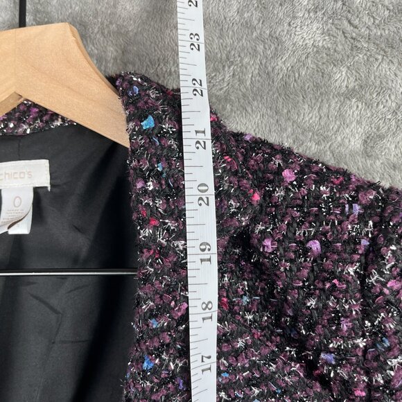 Chico’s Tweed Open Front Blazer Women’s Size 0 Black Purple Metallic Zip Pockets - Picture 7 of 8